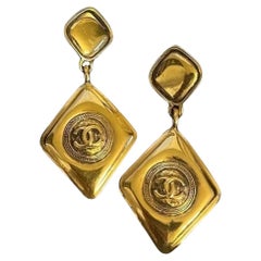 Chanel Vintage Gold Large Diamond CC Logo Drop Clip On Earrings, circa 1980s