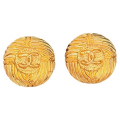Chanel Vintage Gold Large Round Textured Logo CC Coco Button Sunburst Earrings