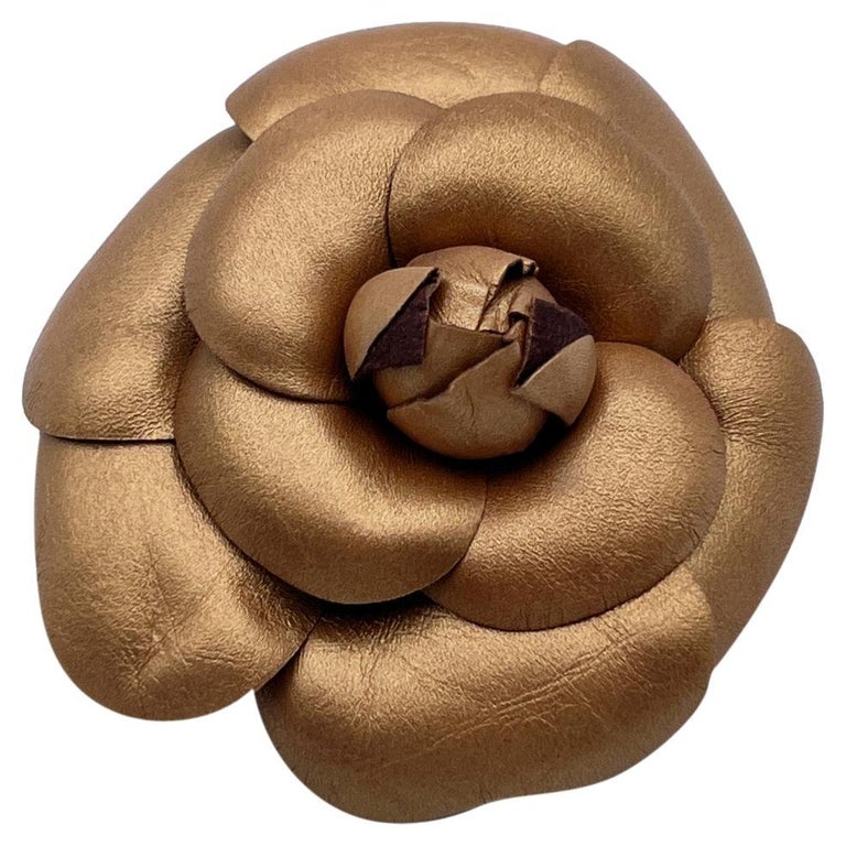 Chanel Vintage Gold Leather Camelia Camellia Flower Pin Brooch For