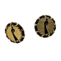 Chanel Vintage Gold Leather Chain Round Clip-On Earrings, 1990s