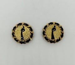 Chanel Vintage Gold Leather Chain Round Earrings