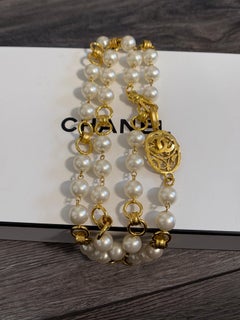 CHANEL Vintage Gold Link Pearl CC Logo Long Necklace