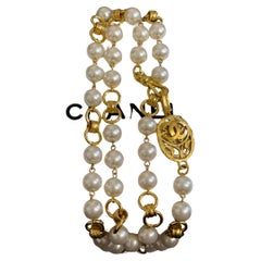 CHANEL Vintage Gold Link Pearl CC Logo Long Necklace