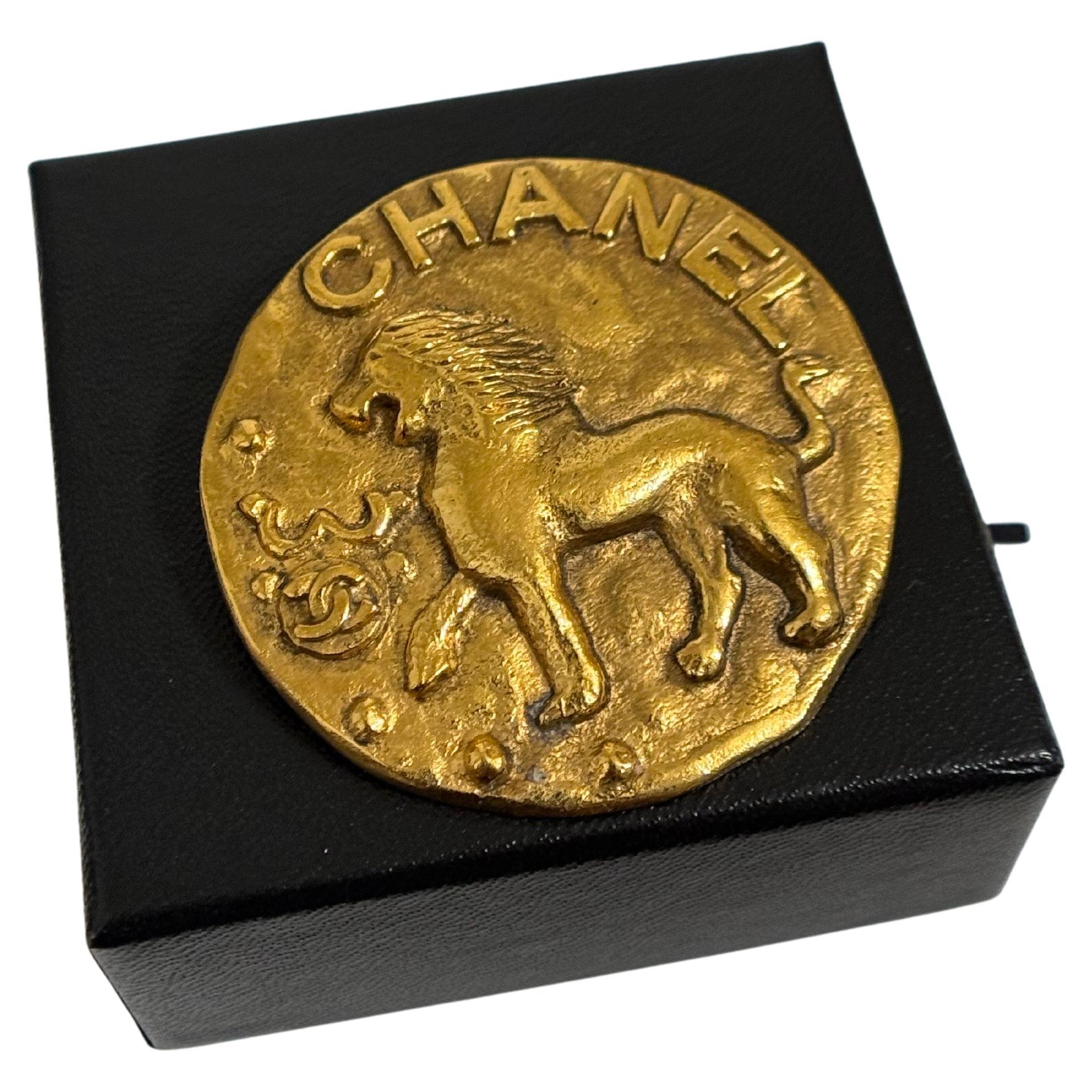 Chanel Vintage Gold Lion Leo Medallion Brooch