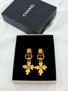 CHANEL Vintage Gold Maltese Cross Clip-On Drop Earrings, Circa 1990s