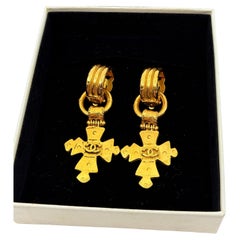 CHANEL Vintage Gold Maltese Cross Clip-On Drop Earrings, Circa 1990s