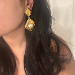 Chanel Vintage Gold Matelassé and Pearl Drop Clip On Earrings