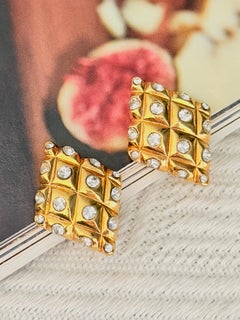 Chanel Vintage Gold Matelassé Diamond Crystals Check Chunky Statement Earrings