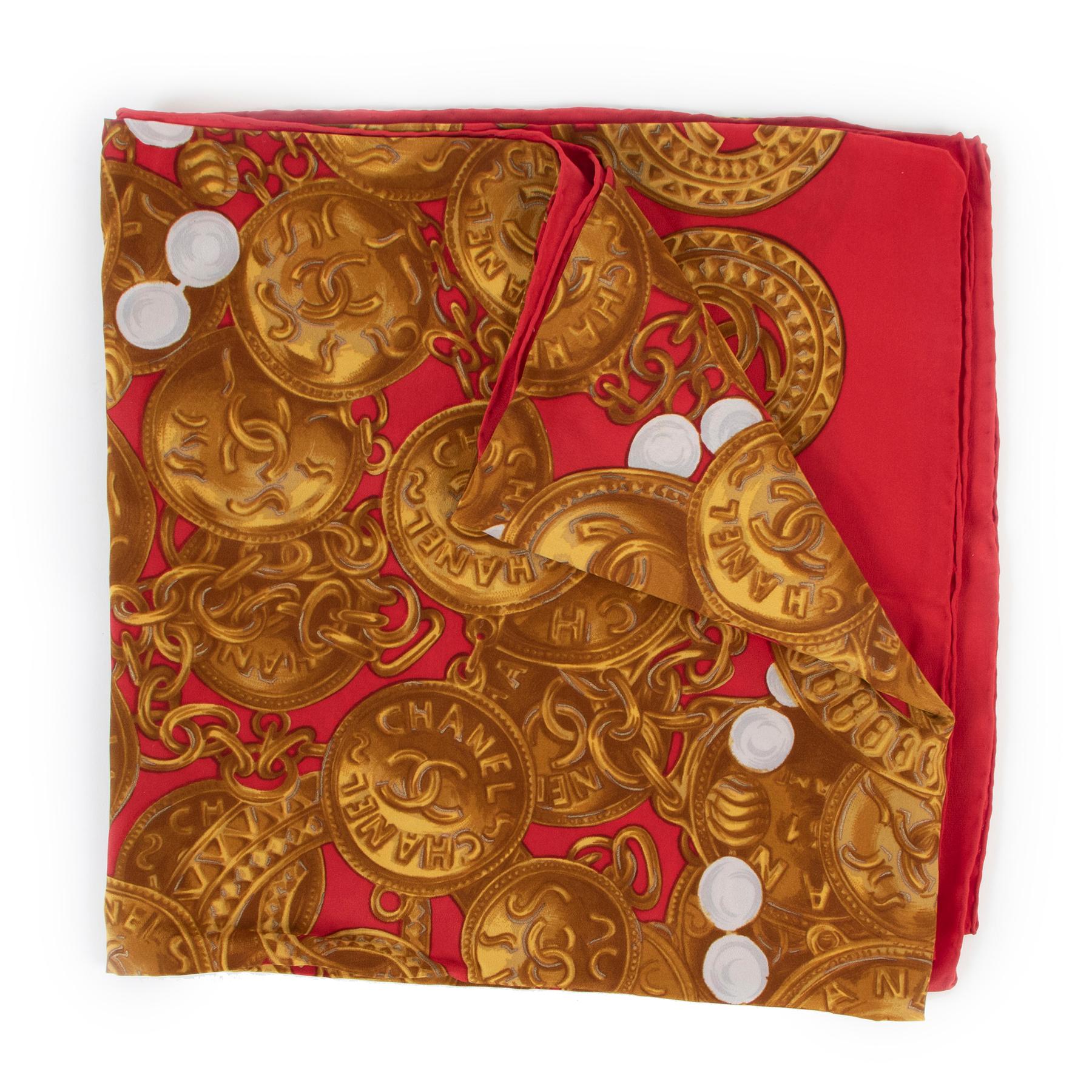 Brown Chanel Vintage Gold Medallion Red XL Silk Scarf