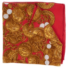 Chanel Vintage Gold Medallion Red XL Silk Scarf