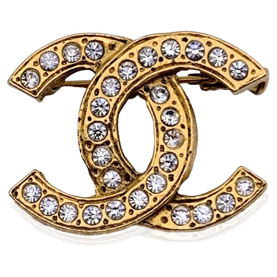 Chanel Vintage Gold Metal and Crystals CC Logo Pin Brooch For