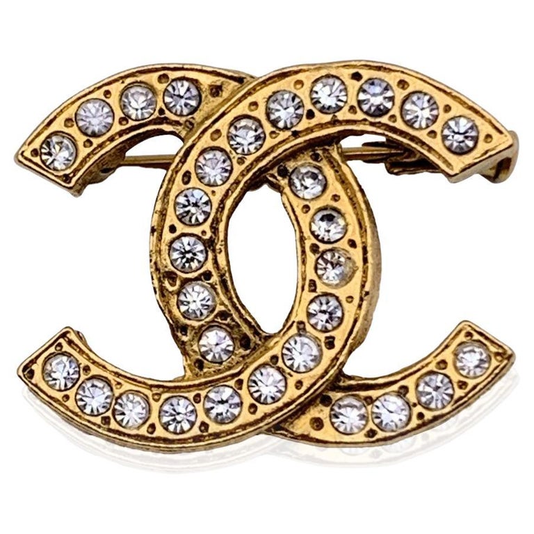 Chanel Vintage Gold Metal and Crystals CC Logo Pin Brooch For Sale