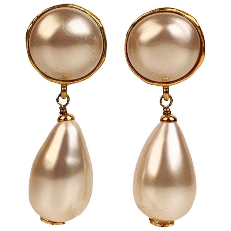 Chanel Vintage Gold Metal and Faux Pearl Dangling Drop Earrings