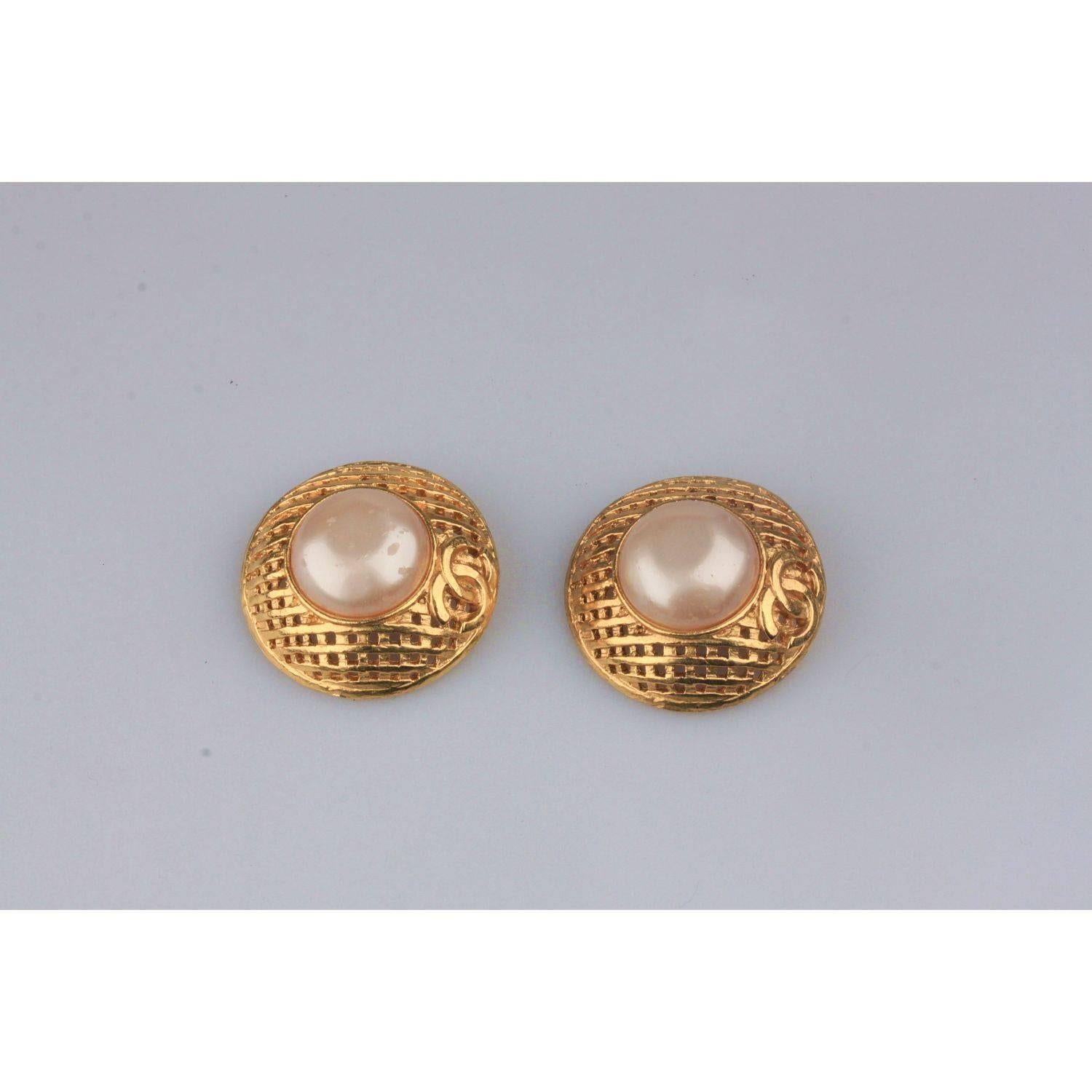 Women's CHANEL Vintage Gold Metal and Faux Pearls GRID Clip On EARRINGS
