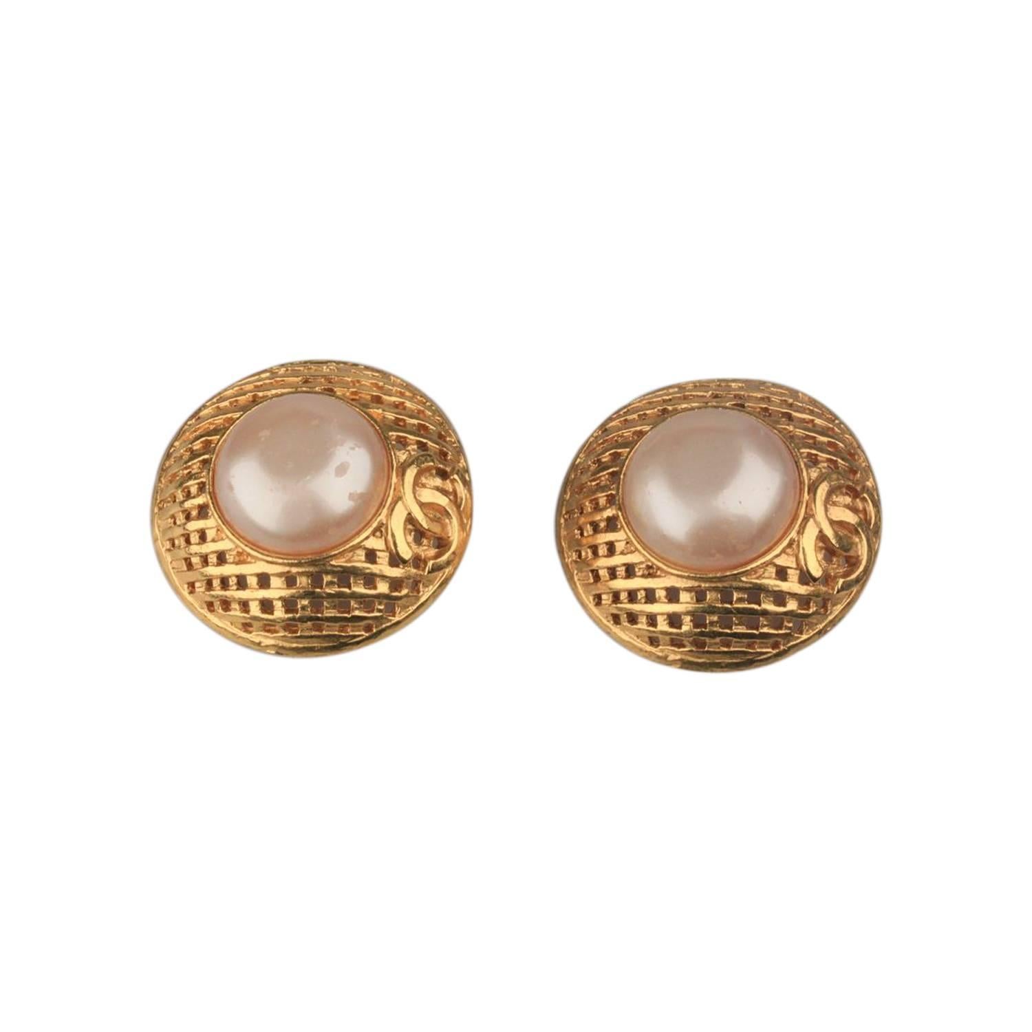 CHANEL Vintage Gold Metal and Faux Pearls GRID Clip On EARRINGS