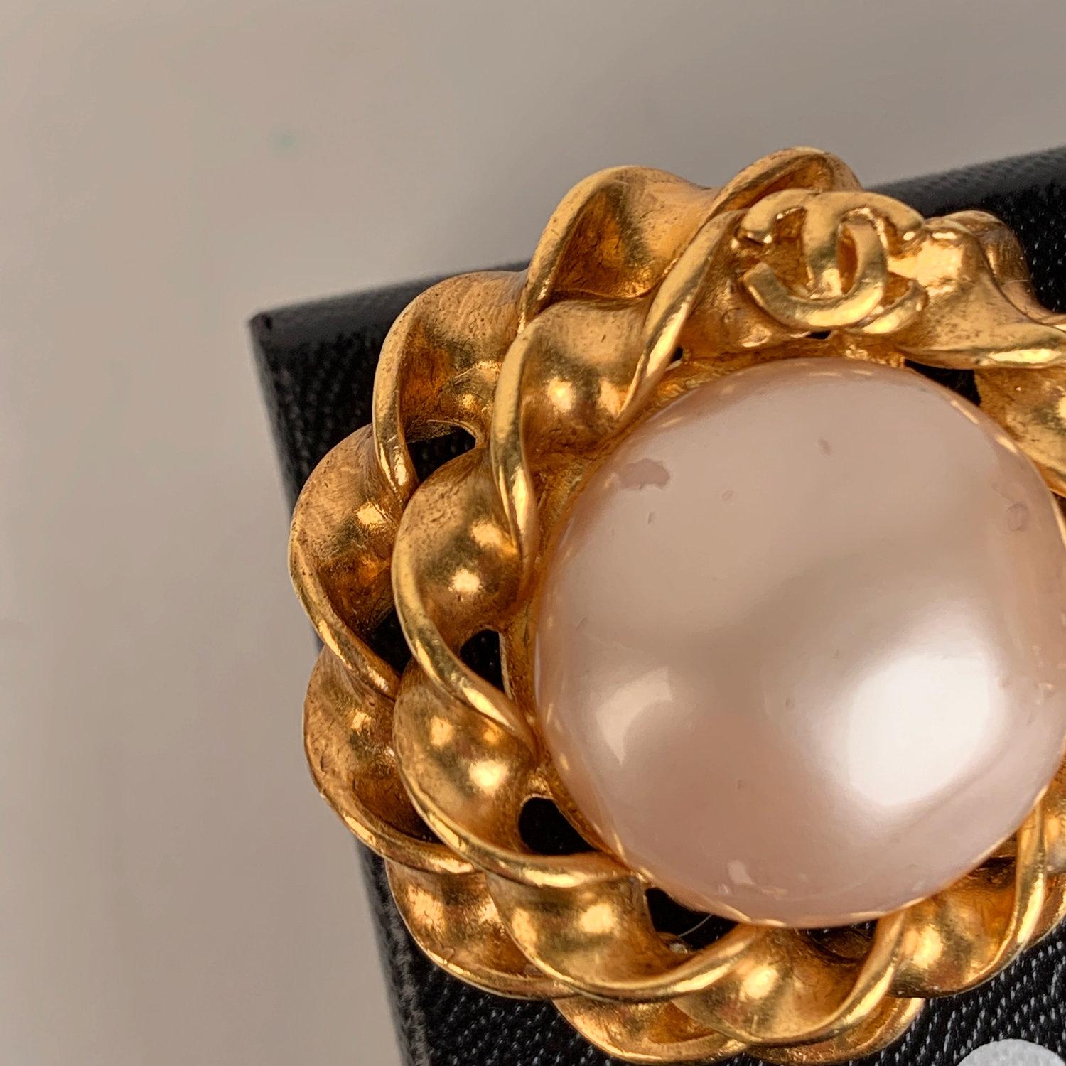 Chanel Vintage Gold Metal and Glass Pearls Clip On Earrings 1
