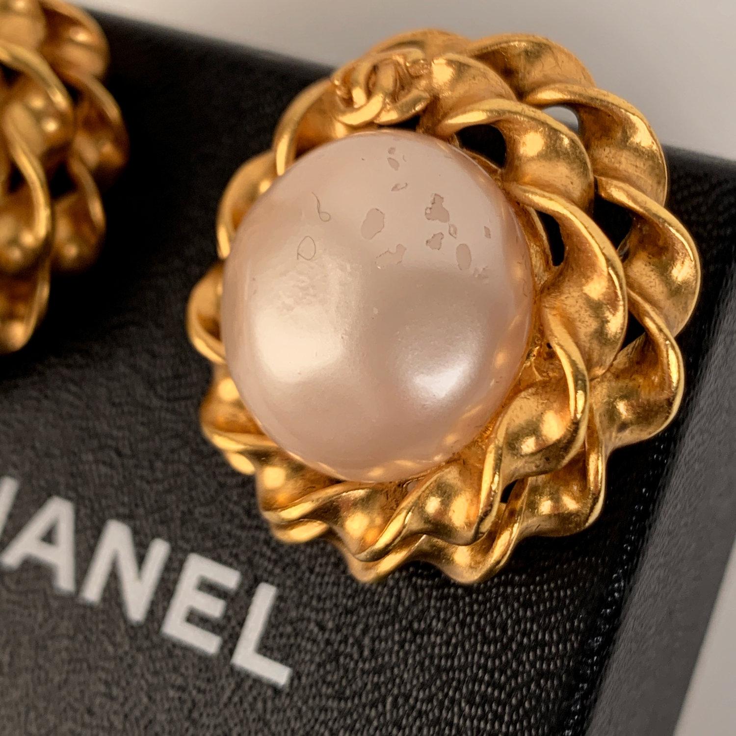 Chanel Vintage Gold Metal and Glass Pearls Clip On Earrings 2