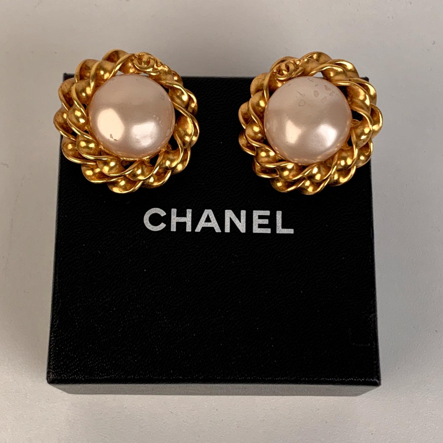 Chanel Vintage Gold Metal and Glass Pearls Clip On Earrings 4