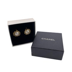 Chanel Vintage Gold Metal and Leather Pearl Cabochon Clip-On Earrings
