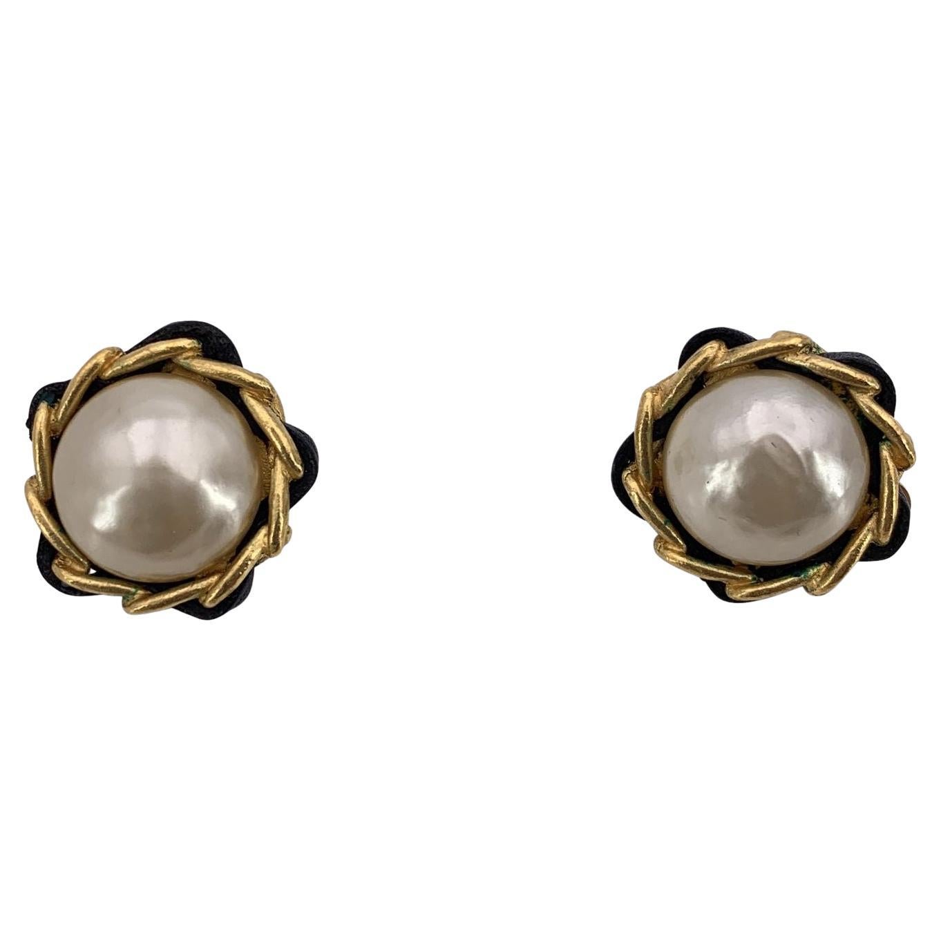 Chanel Vintage Gold Metal and Leather Pearl Cabochon Clip-On Earrings For Sale