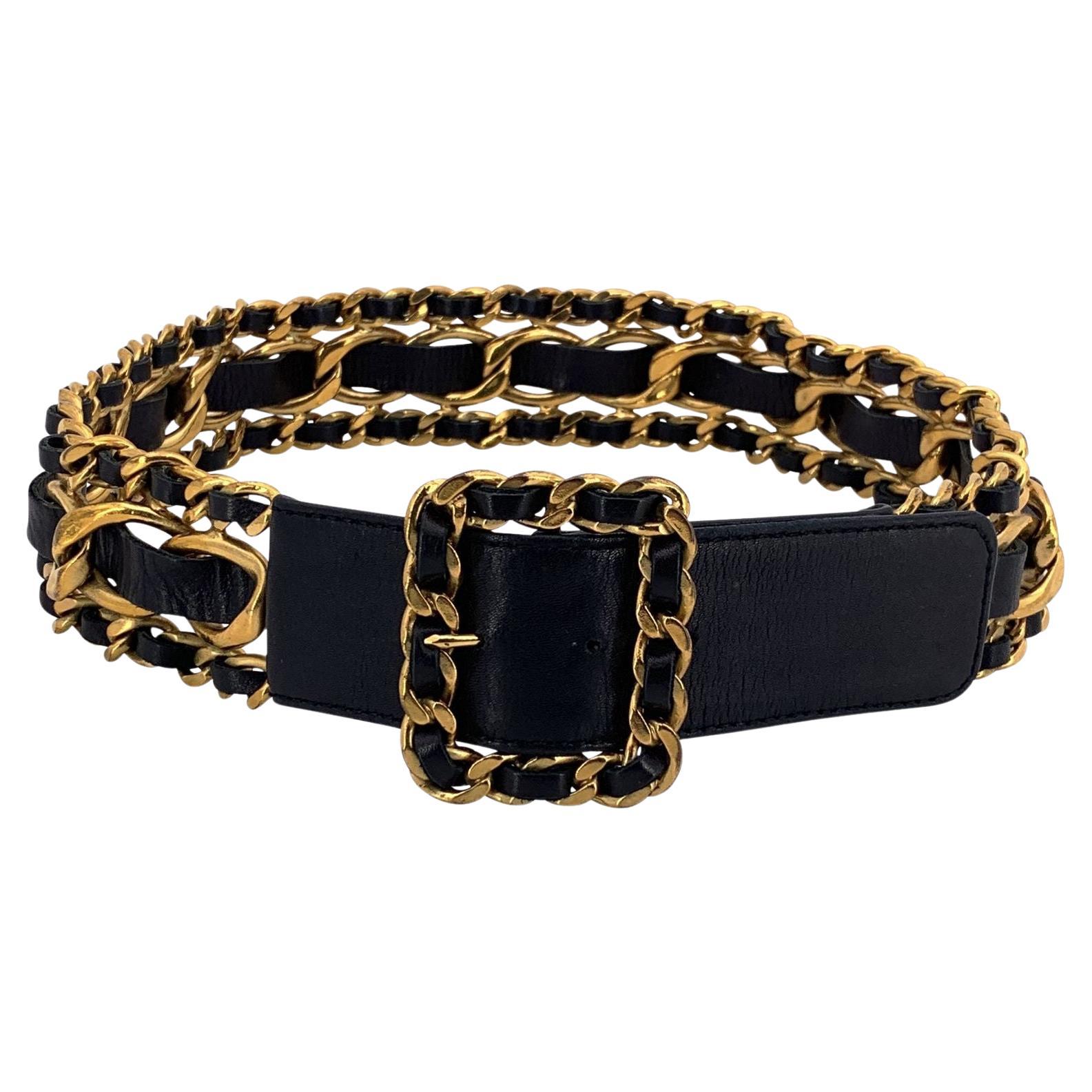 Chanel Vintage Gold Metal Black Leather Chain Buckle Belt Size 70/28