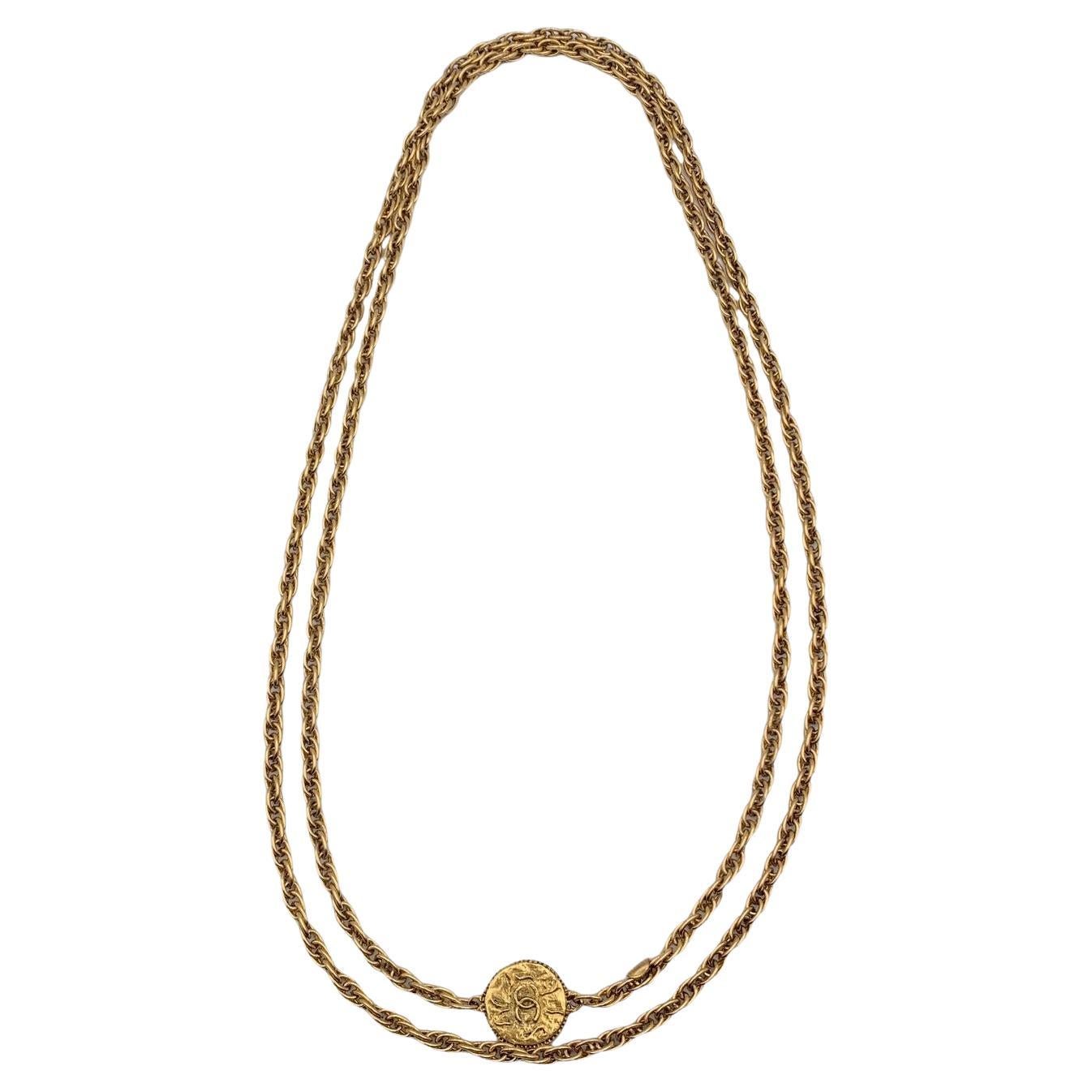 Chanel Vintage Gold Metal Chain Long Necklace CC Logo Medallion