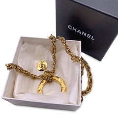 Chanel Vintage Gold Metal Chain Long Necklace Ring Pendant