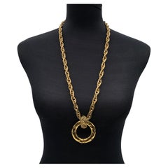 Chanel Vintage Gold Metal Chain Long Necklace Ring Pendant