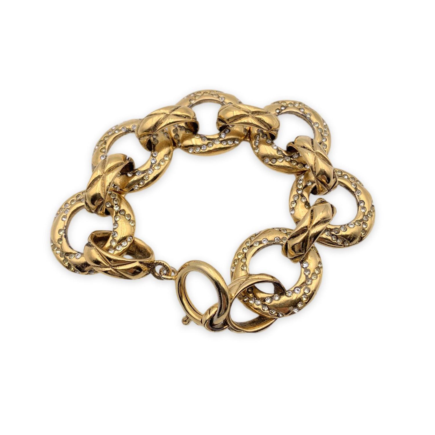 Chanel Vintage Gold Metal Crystals Ring Chain Link Bracelet In Excellent Condition In Rome, Rome