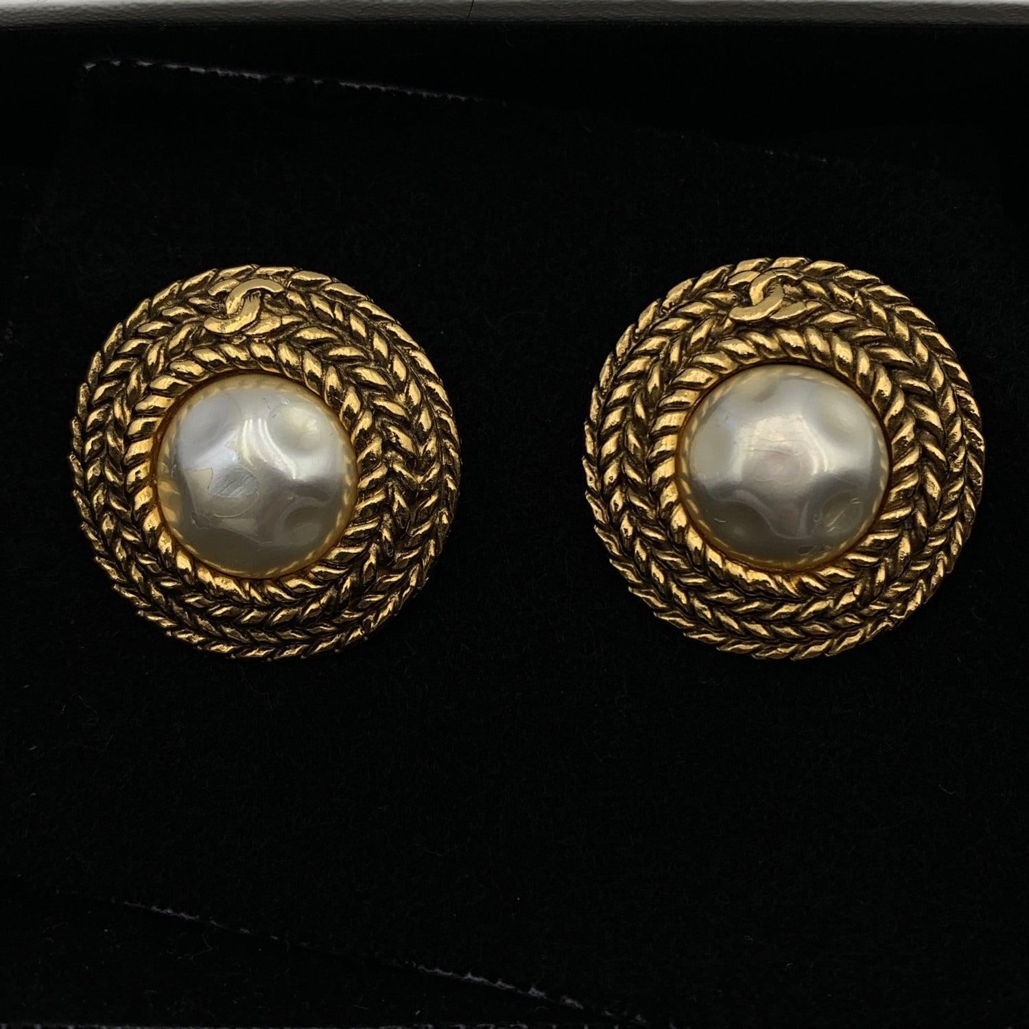 Chanel Vintage Gold Metal Faux Pearls Clip On Earrings at 1stDibs