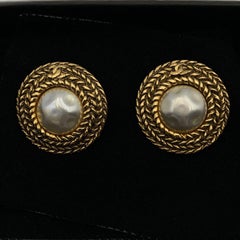 Chanel Vintage Gold Metal Faux Pearls Clip On Earrings