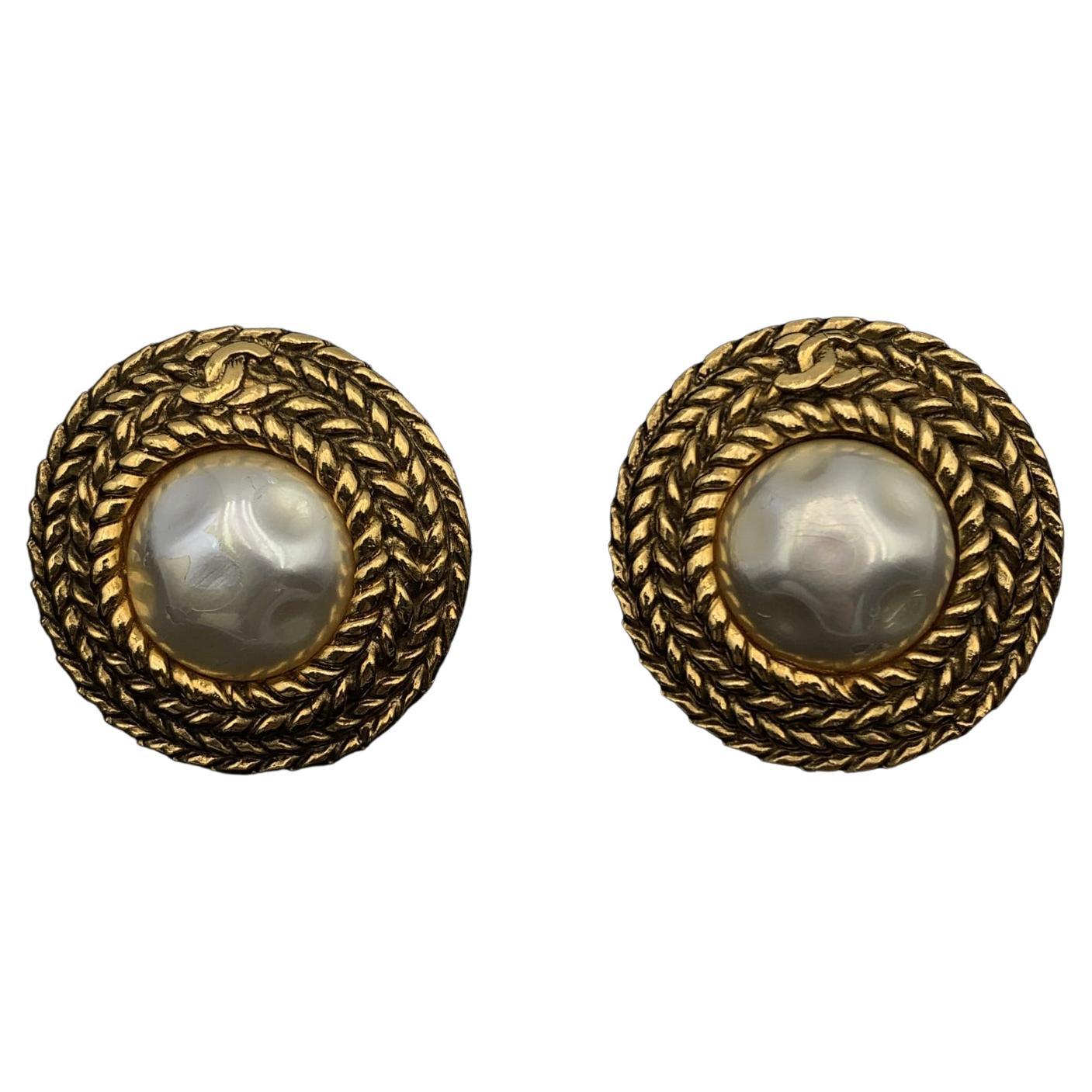 Chanel Vintage Gold Metal Faux Pearls Clip On Earrings