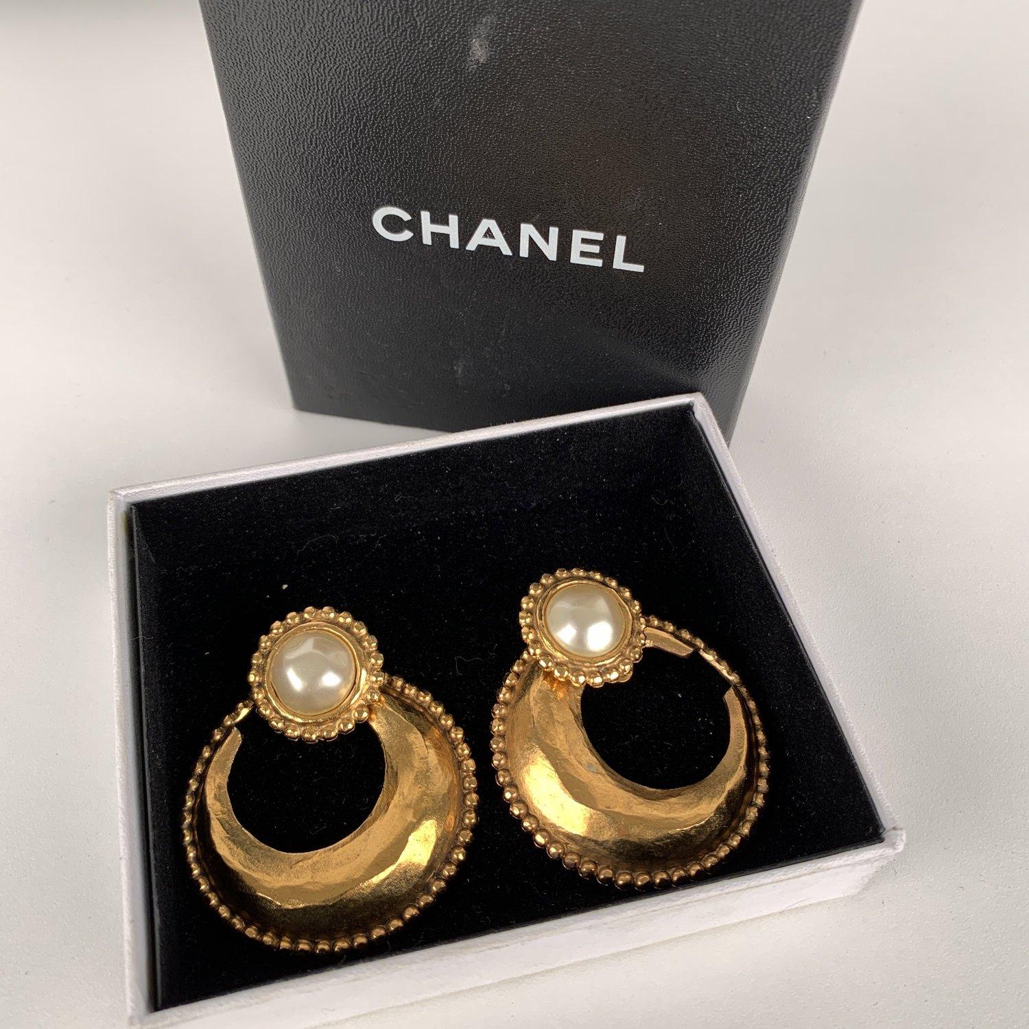 Brown Chanel Vintage Gold Metal Faux Pearls Hoop Two Way Earrings