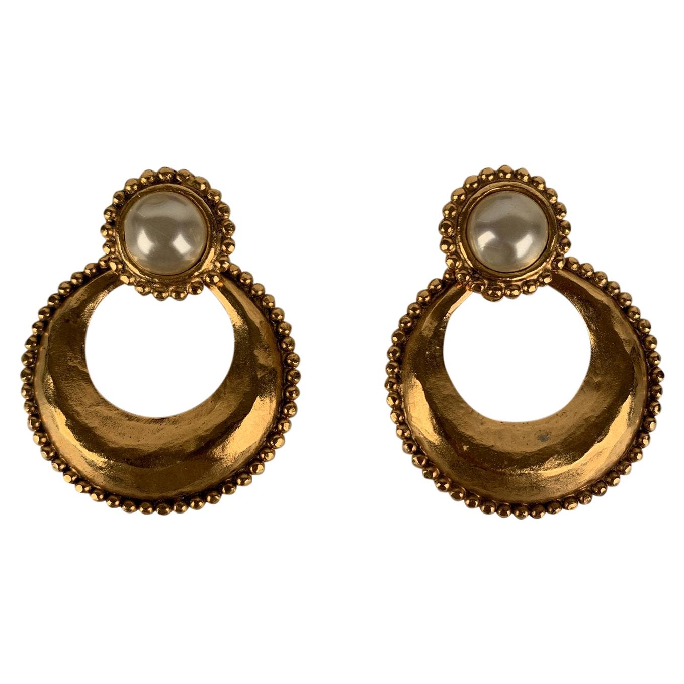 Chanel Vintage Gold Metal Faux Pearls Hoop Two Way Earrings