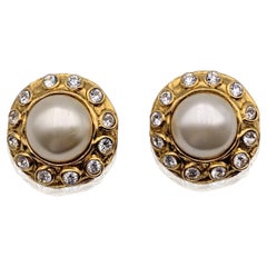 Chanel Retro Gold Metal Faux Pearls Rhinestones Clip On Earrings