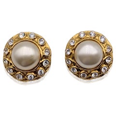 Chanel Retro Gold Metal Faux Pearls Rhinestones Clip On Earrings 