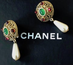 CHANEL Vintage Gold Metal Green and Pink Gripoix Pearl Drop Earrings 1980s W/Box