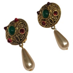 CHANEL Vintage Gold Metal Green and Pink Gripoix Pearl Drop Earrings 1980s W/Box