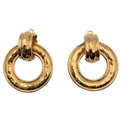 Chanel Vintage Gold Metal Hoop Door Knocker Clip On Earrings