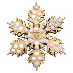 Chanel Vintage Gold Metal Logo Snowflake Pin Brooch