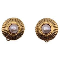 Chanel Retro Gold Metal Pearl Cabochon Clip On Earrings