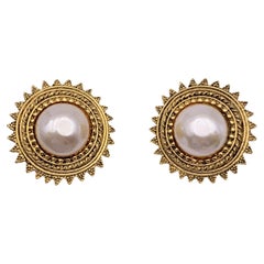 Chanel Retro Gold Metal Pearl Cabochon Sun Clip On Earrings