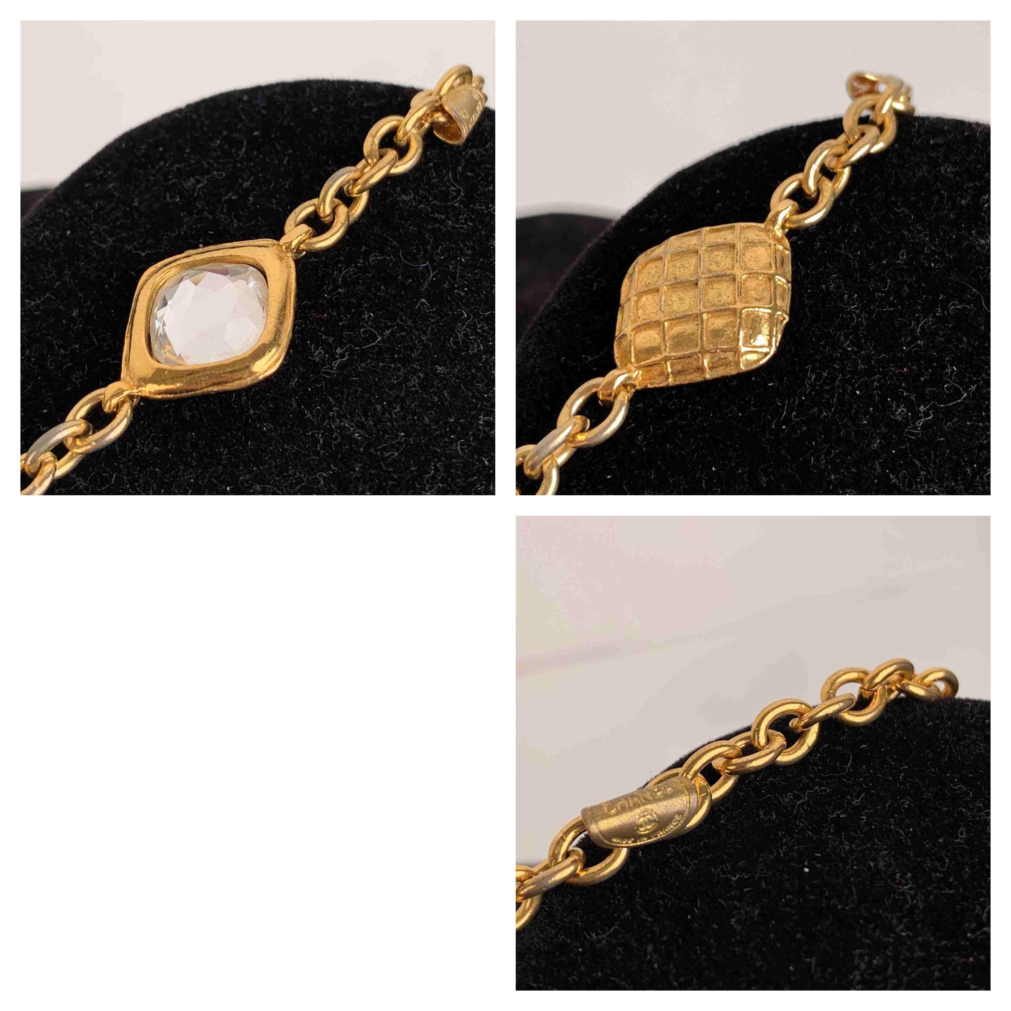 Beautiful Chanel necklace from the '70. it can be worn with two different lengths, longer or shorter. Gold metal chain with diamond-shaped elements embellished with crystals. Clasp closure. 'CHANEL Made in France' round tag located near the closure.