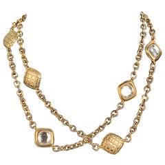 Chanel Vintage Gold Metal Quilted Necklace with Crystals
