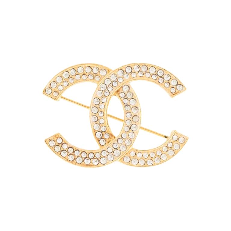 Chanel Rhinestone Double CC Logo Gold Toned Brooch Pin at 1stDibs