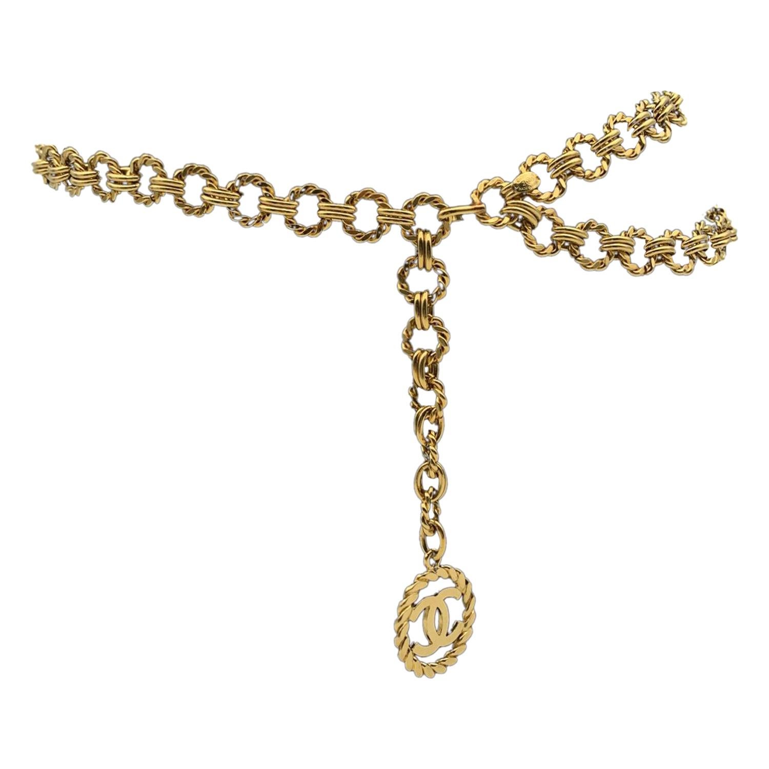 Chanel Vintage Gold Metal Ring Chain Belt with CC Pendant