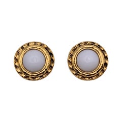 Chanel Vintage Gold Metal White Cabochons Clip On Earrings