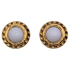 Chanel Used Gold Metal White Cabochons Clip On Earrings