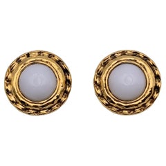 Chanel Retro Gold Metal White Cabochons Clip On Earrings