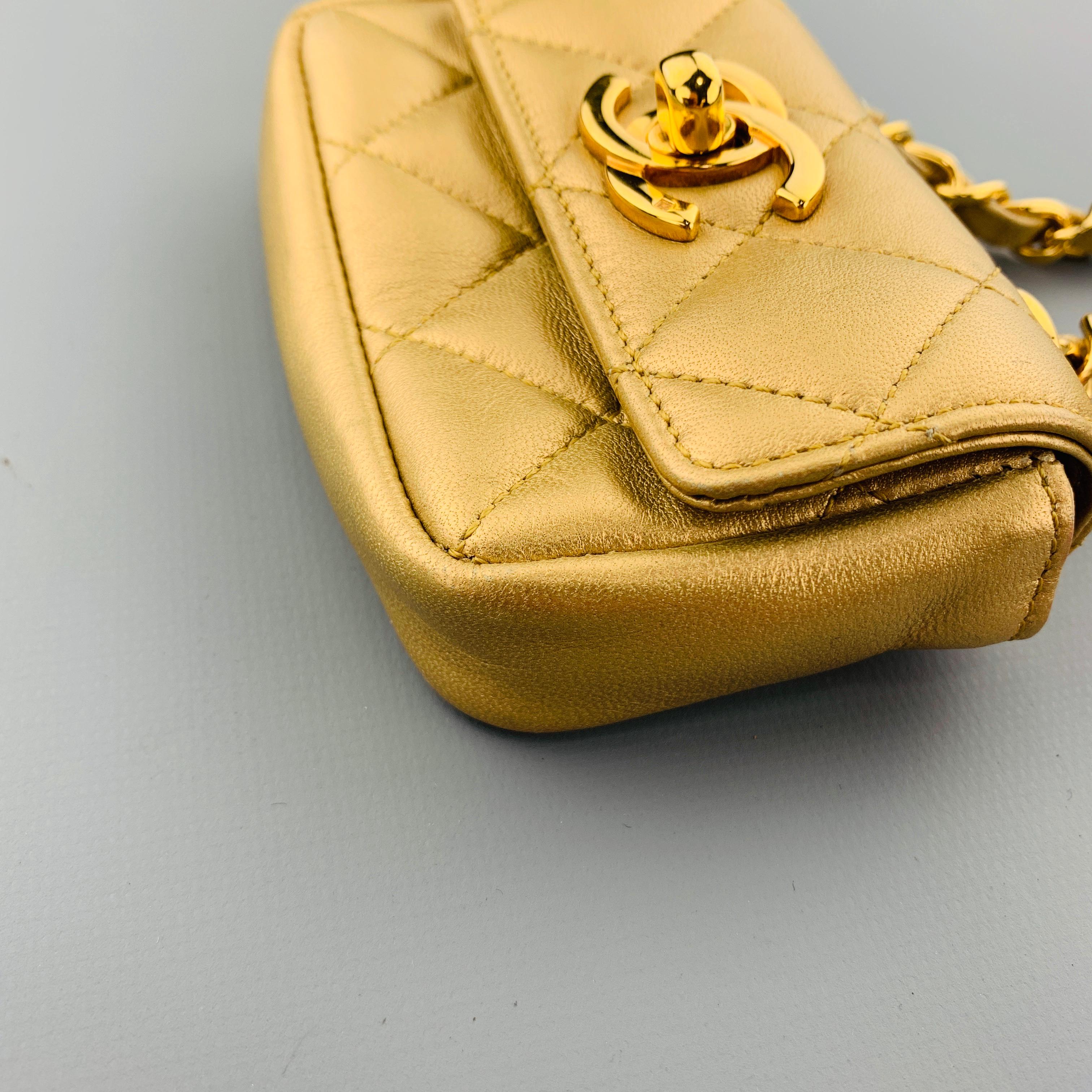 CHANEL Vintage Gold Metallic Leather Quilted Mini Purse Charm Pouch In Excellent Condition In San Francisco, CA